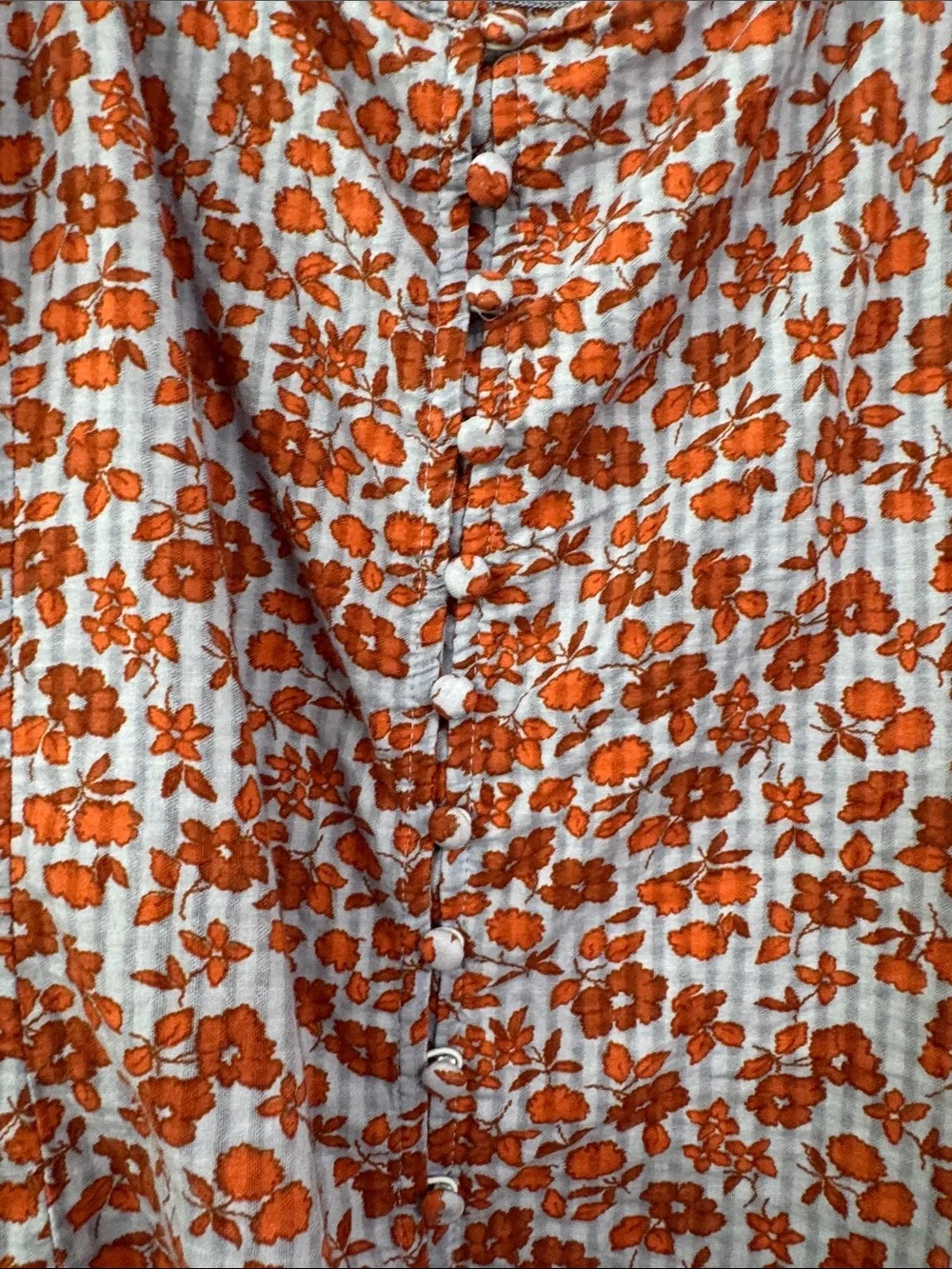 Madewell Light Blue Top with Red Floral Print and Puff Sleeves